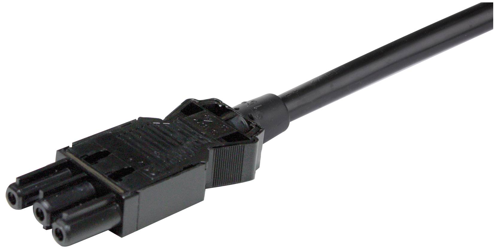 A black three-pin mains cable with a rectangular plug, commonly used for electronic devices.