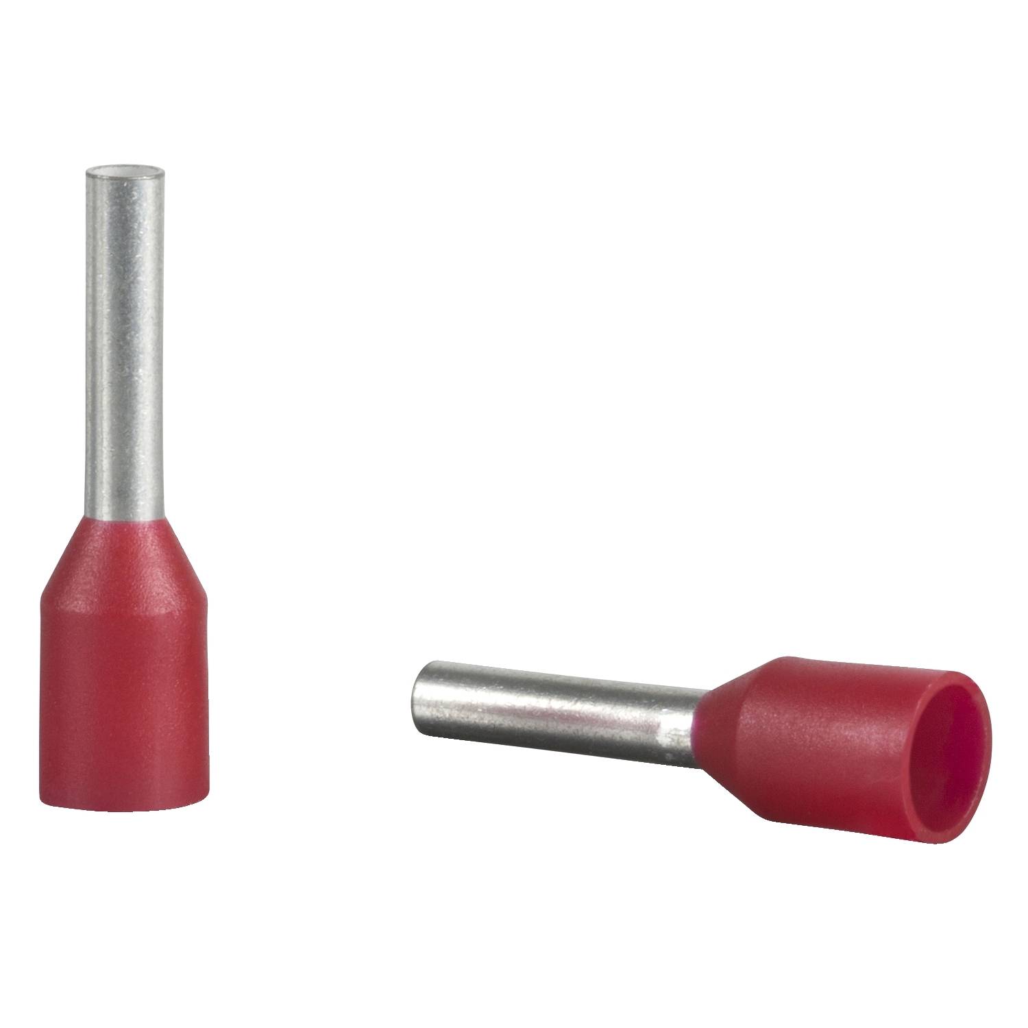 Two red metal cable end ferrules with plastic insulation, one standing and one lying down, against a white background.