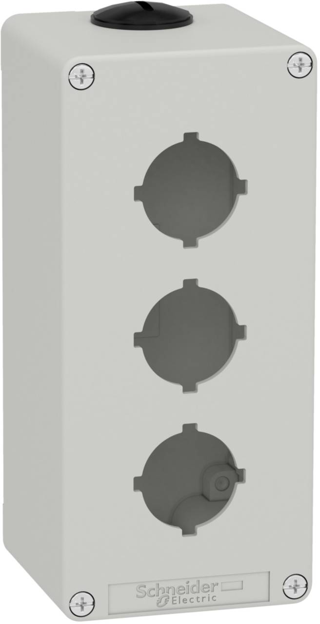 Grey-white housing shell with three round front panels for mounting control units, manufactured by 'Schneider Electric'.