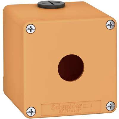 Orange plastic enclosure by Schneider Electric with screws at the corners and a central opening.