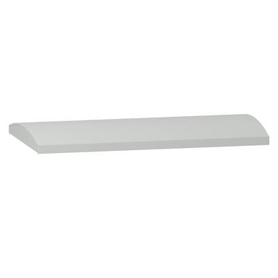 A simple, rectangular, grey wall shelf with rounded edges, floating against a white background.