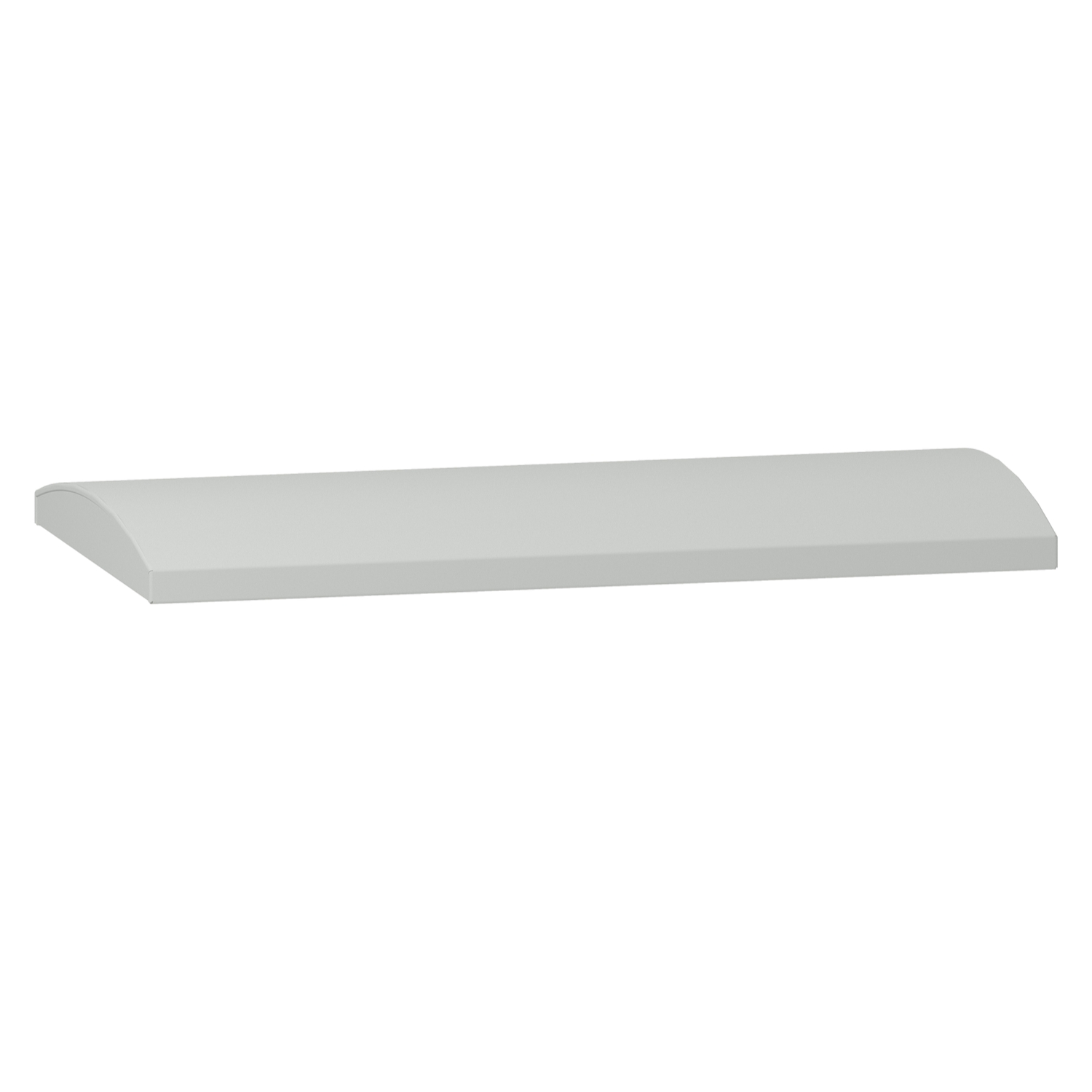 A simple, rectangular, grey shelf with a rounded front edge, shown in a diagonal side view.