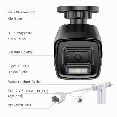 'IP67 waterproof housing, 1/3" progressive scan CMOS, 2.8 mm lens, 2 IR LEDs, 1x white light, DC 12V power supply (optional), network cable.'