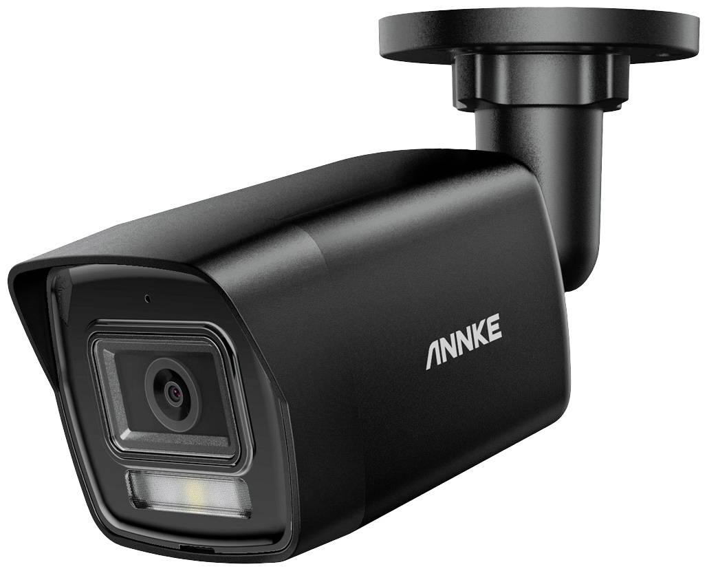 Black surveillance camera with mountable bracket and LED light on the front, suitable for security purposes.