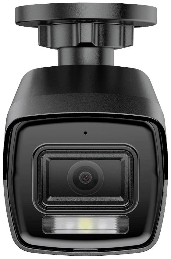 Black surveillance camera with LED light, facing forward, mounted on a swivel bracket. Suitable for outdoor security.