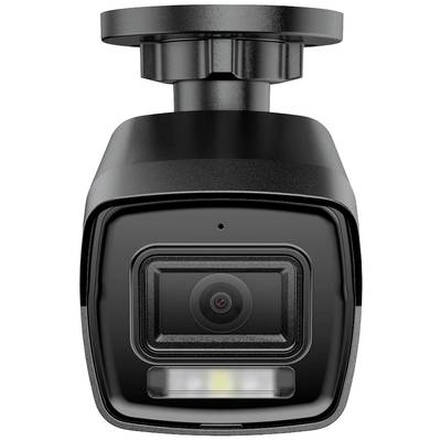 Black surveillance camera with LED light, facing forward, mounted on a swivel bracket. Suitable for outdoor security.