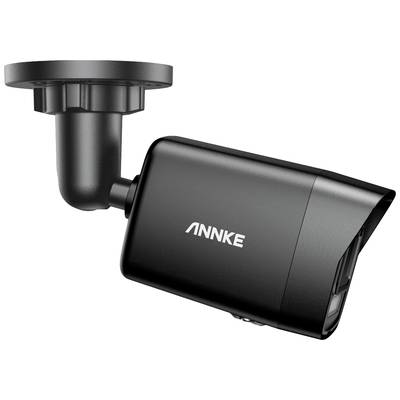 Black surveillance camera with wall mount, shown from the side.