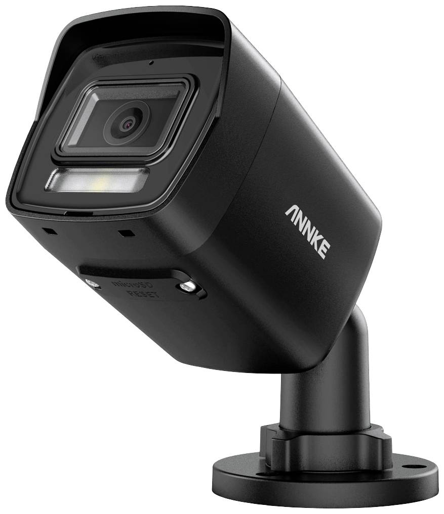 A black surveillance camera by Annke is angled upwards and mounted on a bracket.