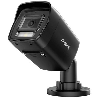 A black surveillance camera by Annke is angled upwards and mounted on a bracket.