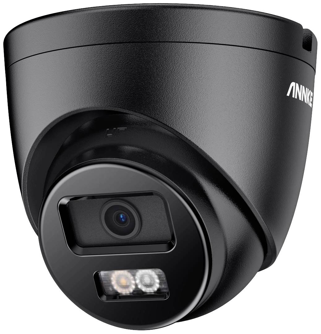 Black surveillance camera with glass lens and two LEDs on the front, brand name 'ANNKE' visible on the side.