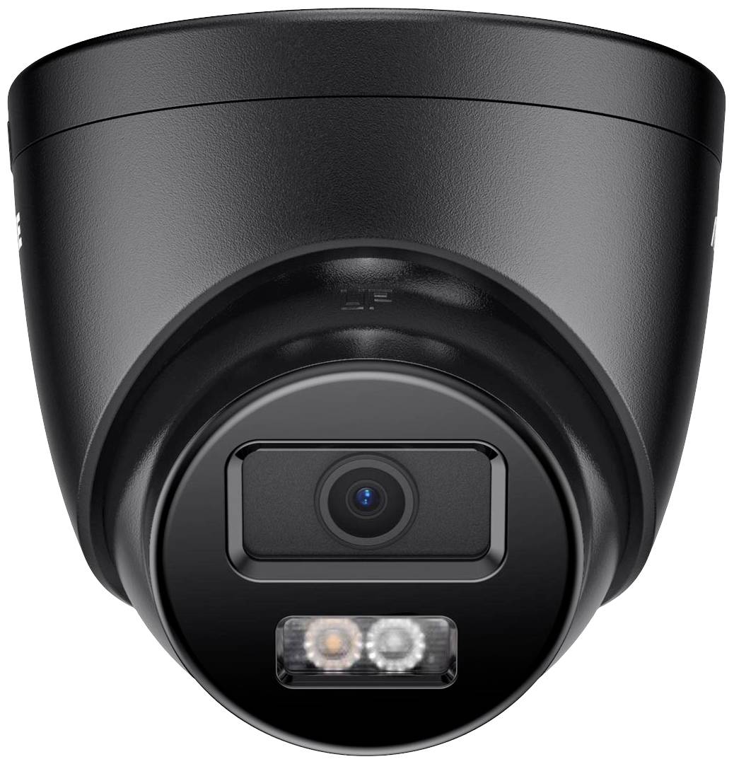 Black surveillance camera with lens and two forward-facing LED lights. It is used for recording and security purposes.