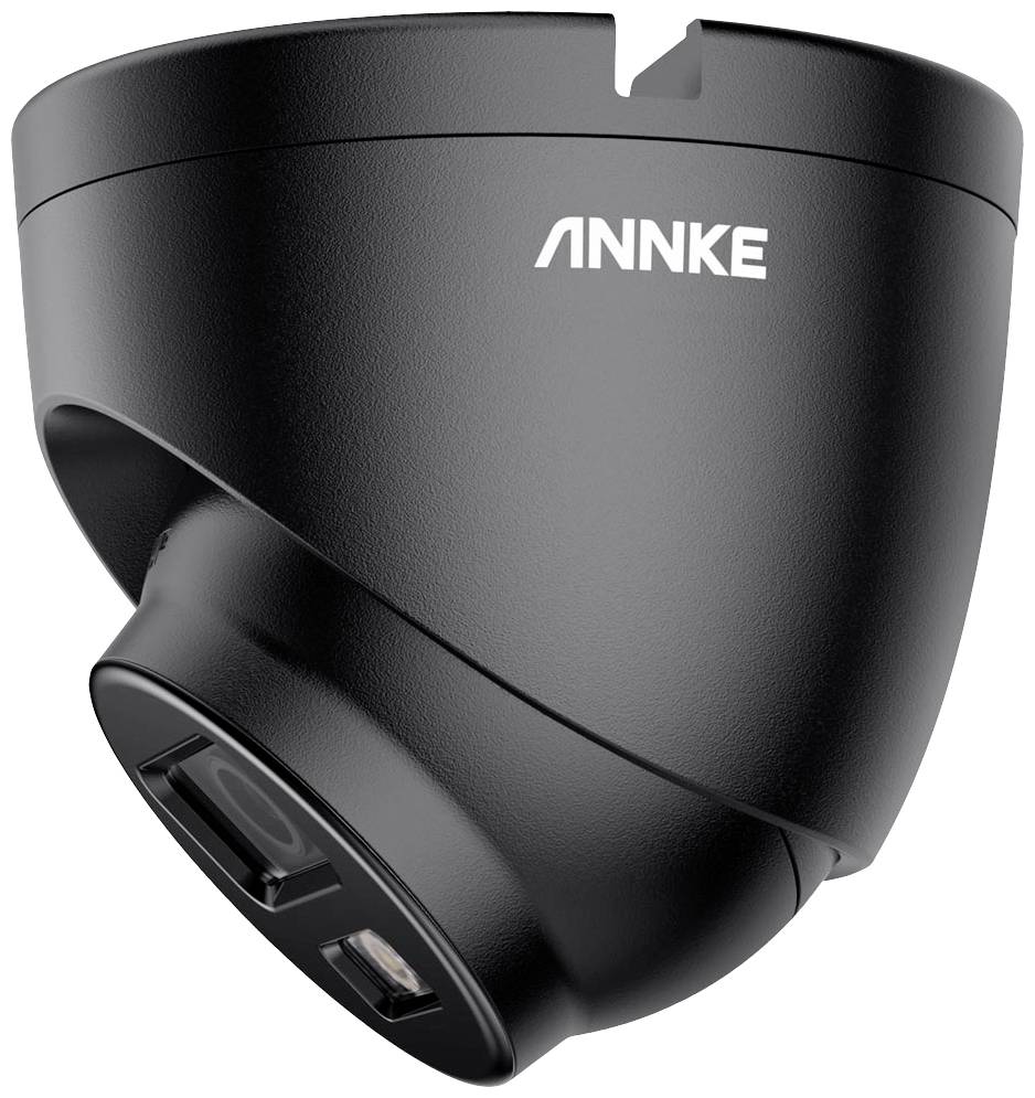 Black surveillance camera by ANNKE brand, side view, showing lens and light in the lower section.