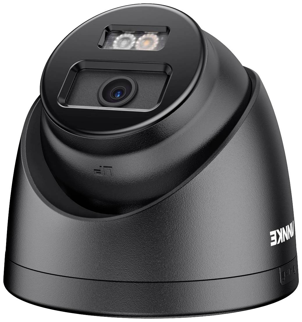 A black security camera with a lens and LED lights on top. The camera is mounted in a housing and bears the inscription 'ANNKE'.