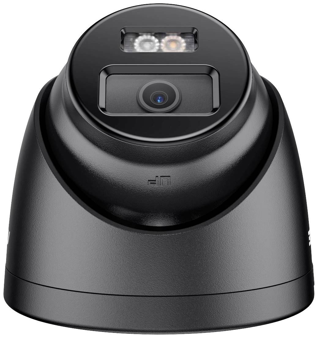 Black surveillance camera with a round, dome-shaped design. It features a central lens and infrared LEDs.