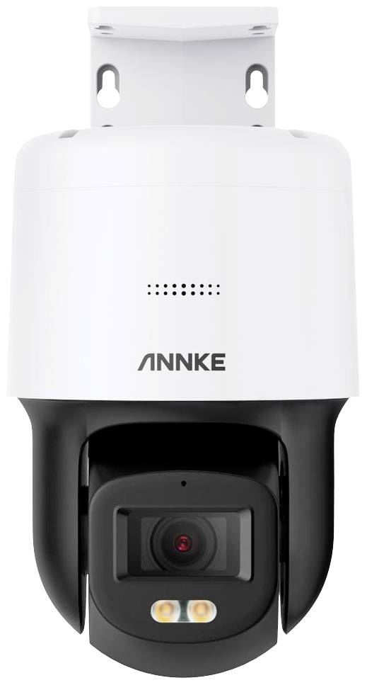 Surveillance camera with a white housing and black rotatable camera module, mountable on ceilings or walls.