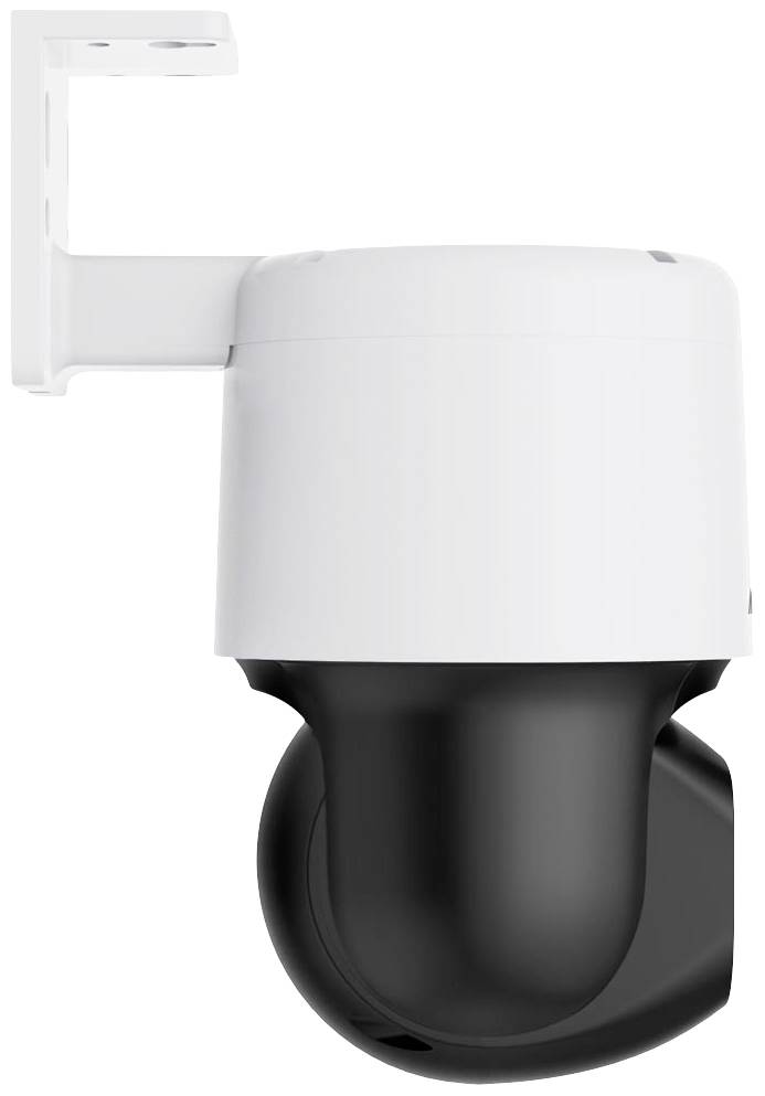 Security camera mounted on the wall, with a white upper housing and a black rotating base.