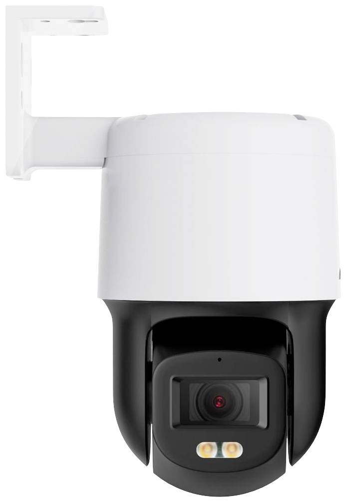 White surveillance camera with a black housing, mounted on a wall bracket. It features a lens and infrared lights.