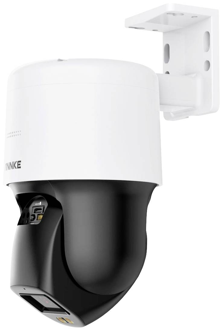 White surveillance camera with black, pivoting housing, mounted on a wall bracket. Suitable for indoor and outdoor monitoring.