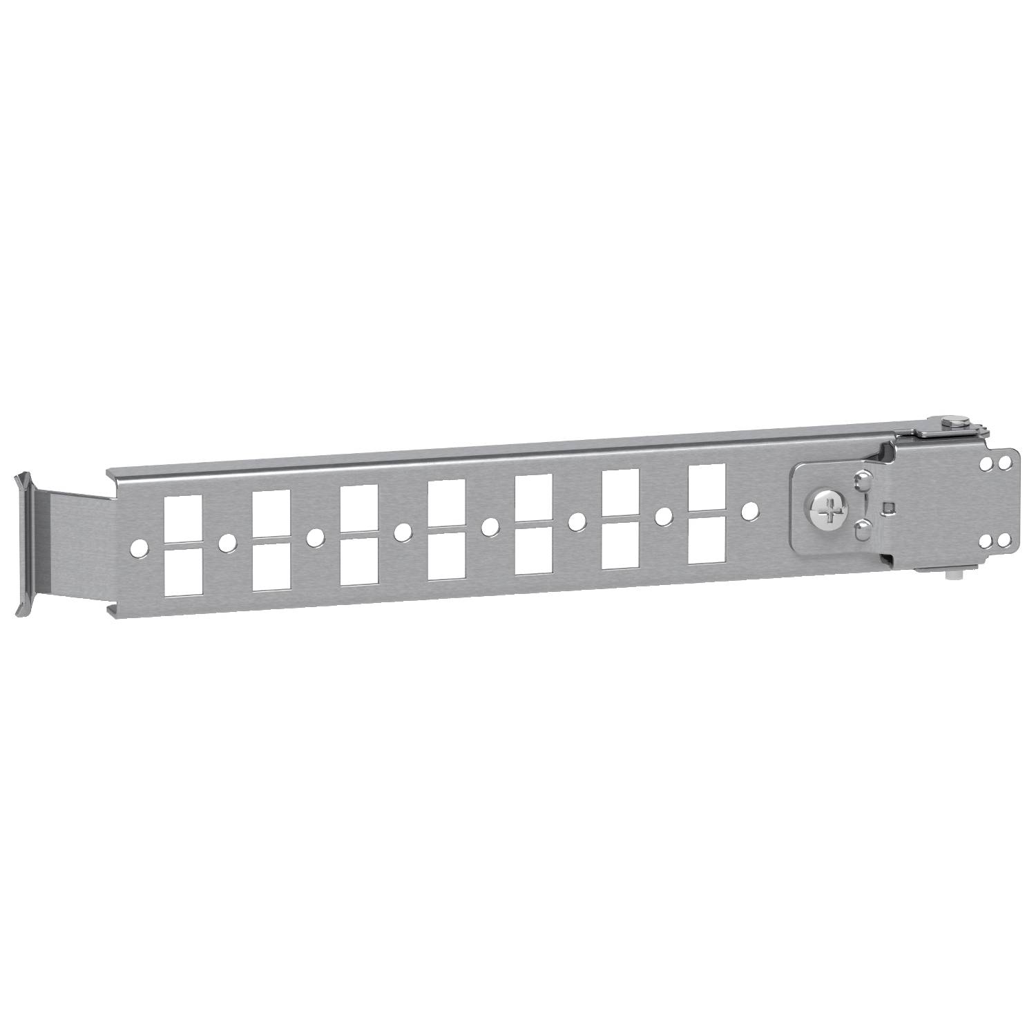 Metal rail with square cut-outs and a mounting mechanism on the right; used for installation in IT or network equipment.