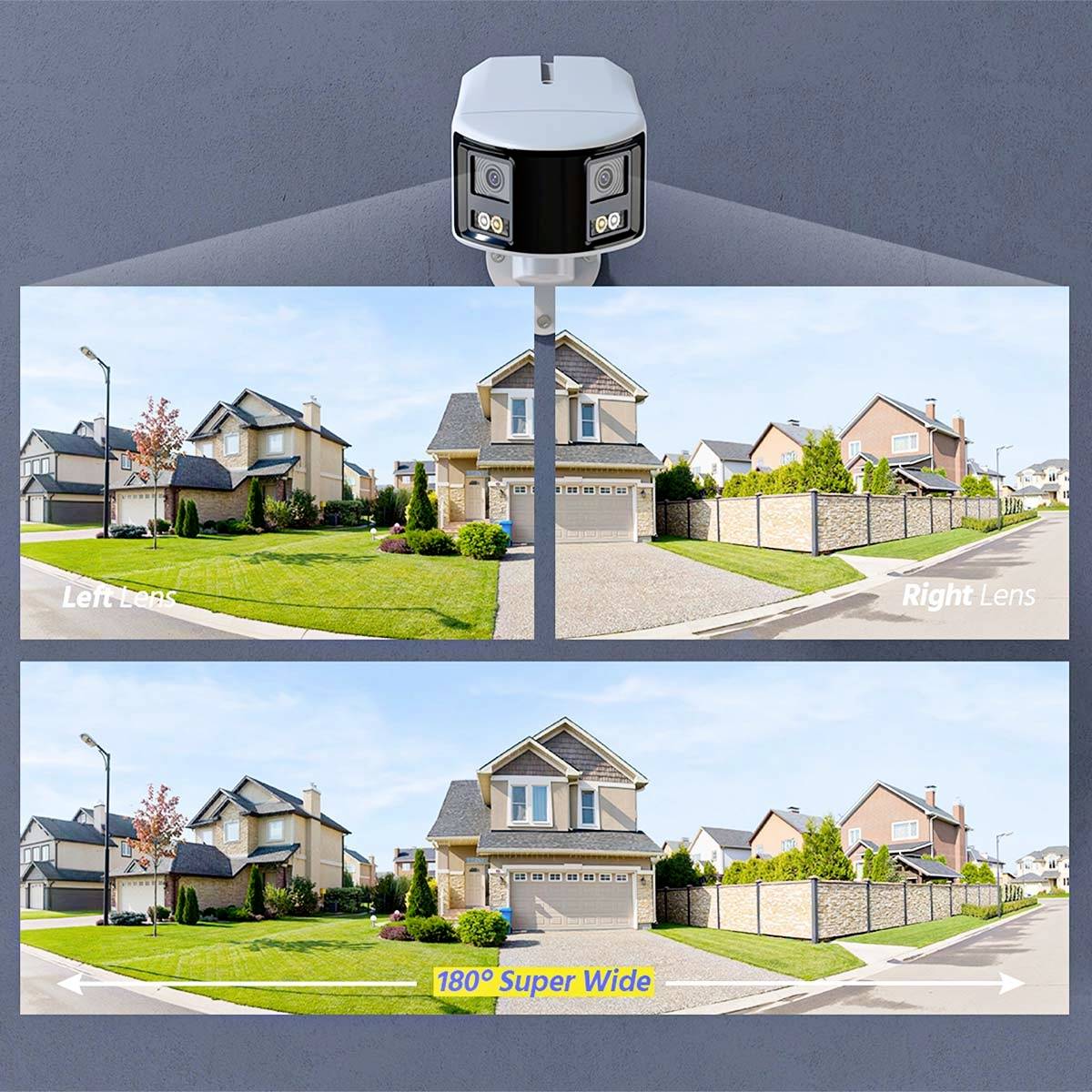 'Panoramic shot of detached houses using a dual camera with 180-degree super-wide-angle view. Left and right lenses each show a street.'