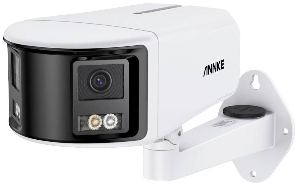 A white surveillance camera mounted on a wall bracket, with a visible lens and LED lights. The model name 'ANNKE' displayed on the side.