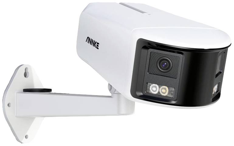 Camera mounted on wall bracket, facing right. White casing, two LEDs beside the lens. Used for surveillance.