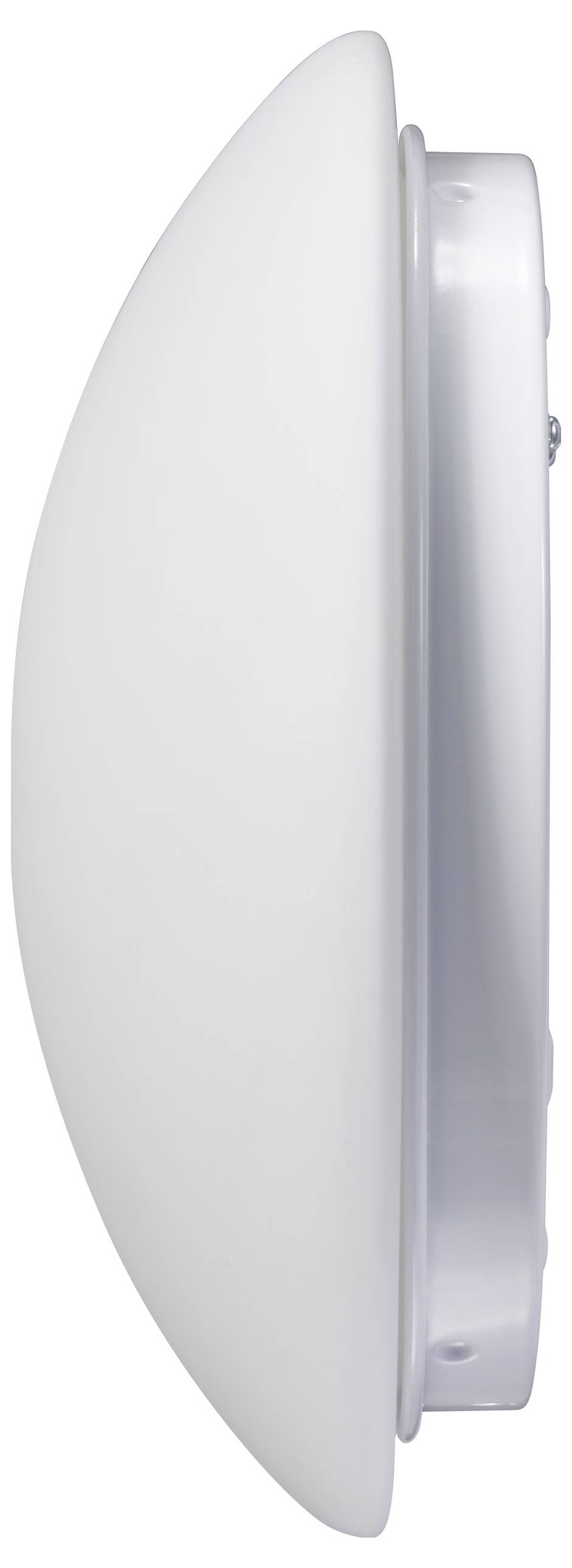 White, round LED ceiling light in profile. It has a minimalist design and a smooth surface, suitable for modern spaces.