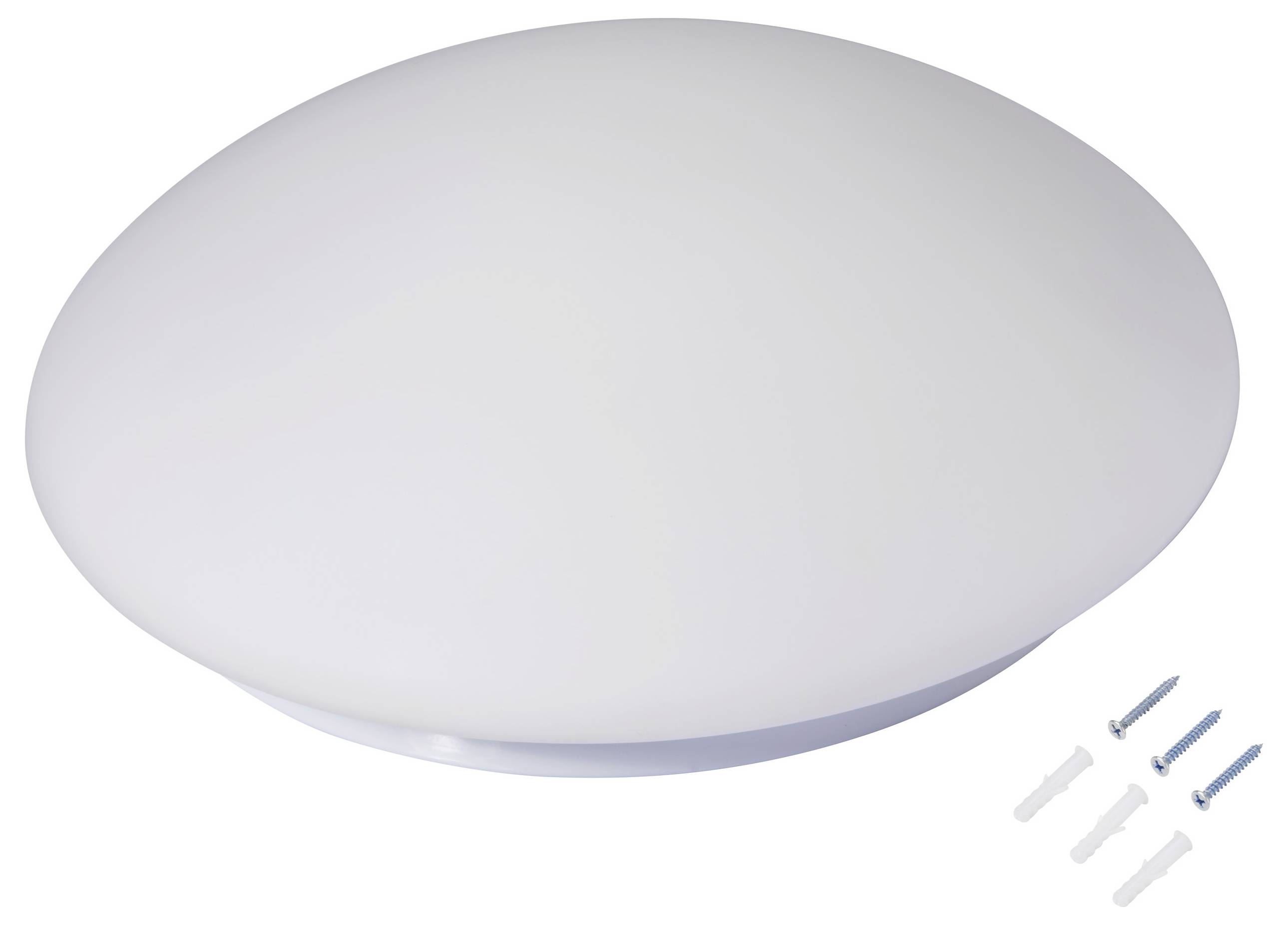 White round ceiling light made of plastic with a smooth surface. Beside it are three screws and wall plugs for installation.