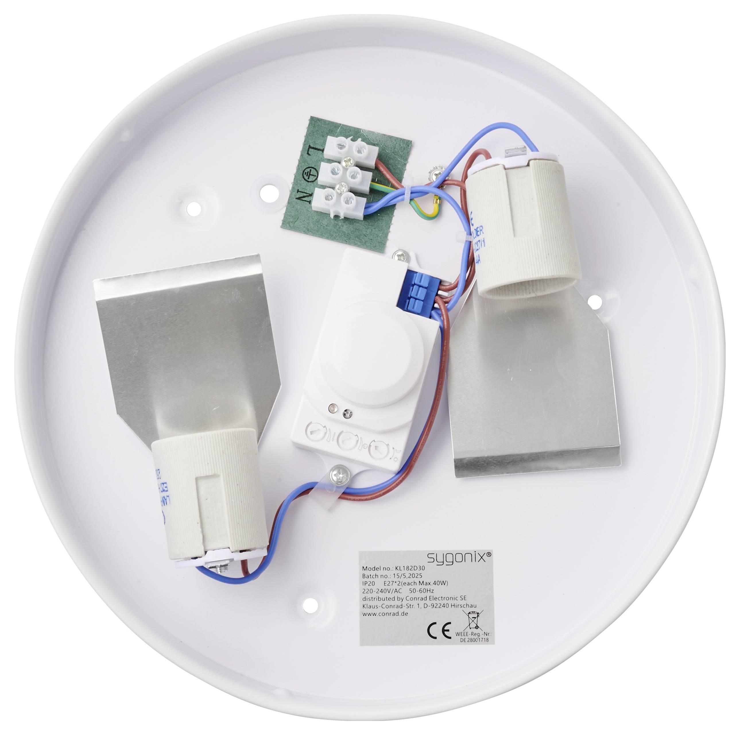 A white circular ceiling light fixture with two bulb sockets, exposed wires, and an integrated motion sensor module on a mounting plate.
