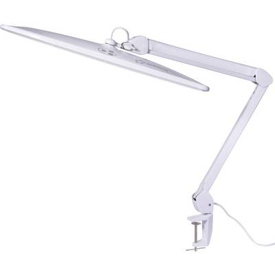 A modern desk lamp with an adjustable arm and wide light head, mounted on a desk. Ideal for illumination whilst working.