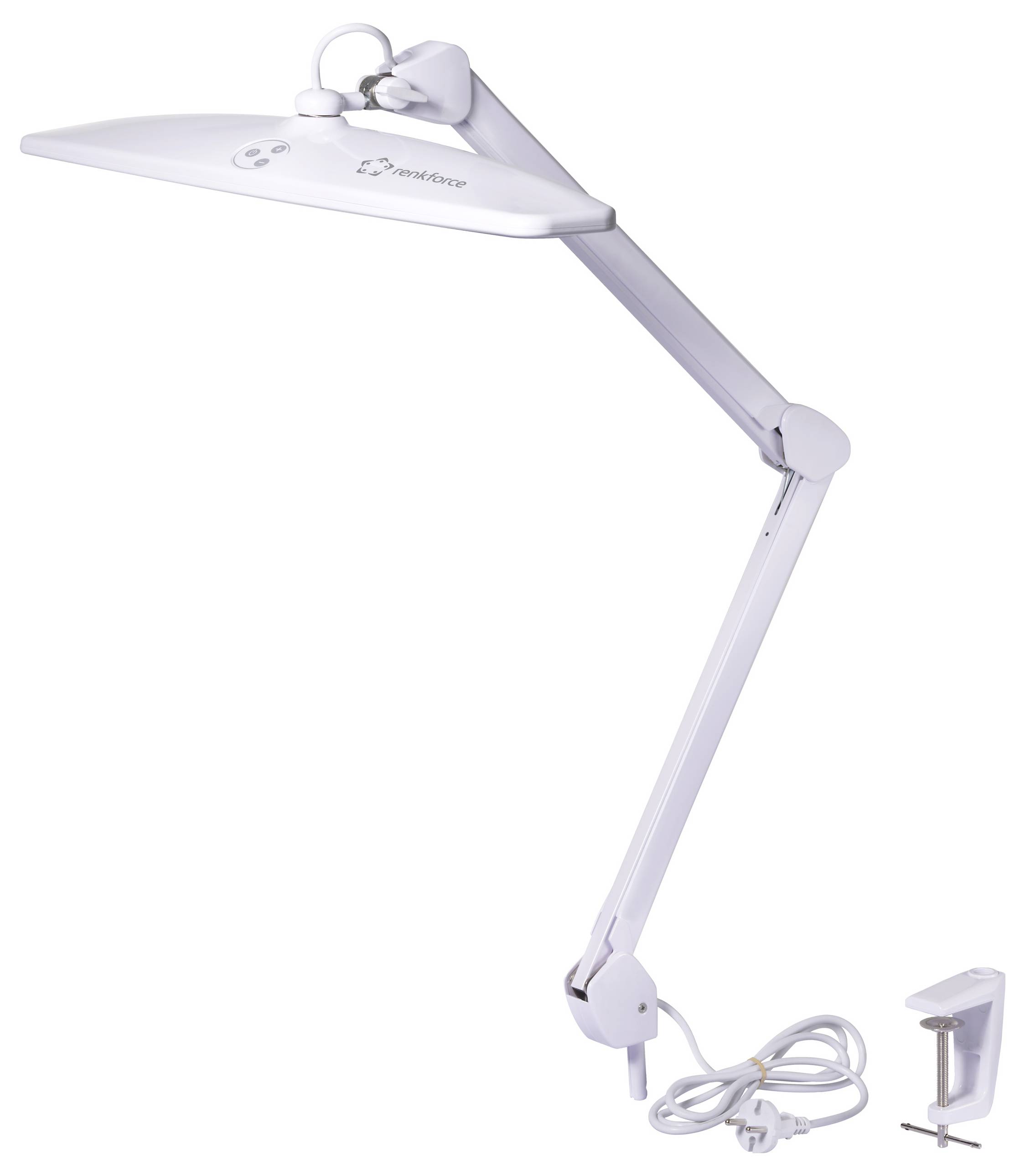 White desk lamp with adjustable arm and clamp for mounting on a table edge. Suitable for precise lighting.