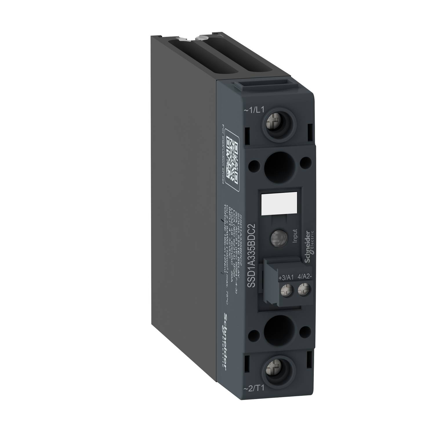 Black electrical component with multiple terminals and a QR code. Standard markings visible on the front side.