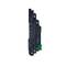 Black electronic relay module with green components, labelled on the side with technical information and identification markings.