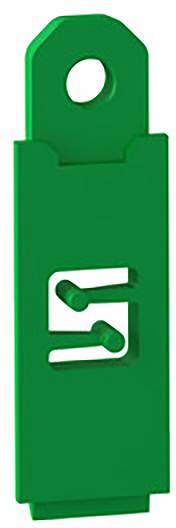 Green plastic clip with a rectangular shape and a hole at the top; contains a cut-out '5' symbol.