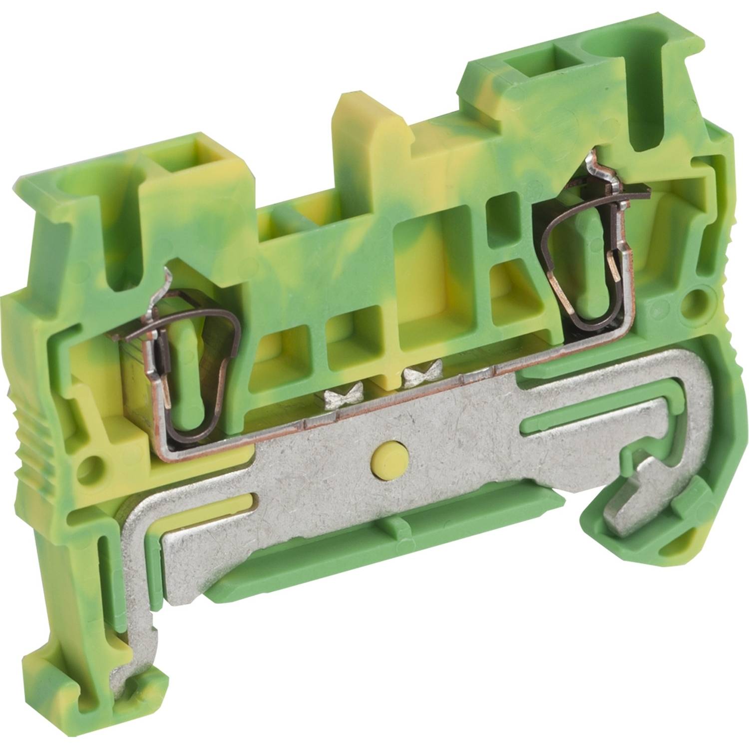 Green-yellow terminal block with metal and plastic components, used for electrical wiring in control cabinets.