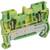 Green-yellow terminal block with metal and plastic components, used for electrical wiring in control cabinets.
