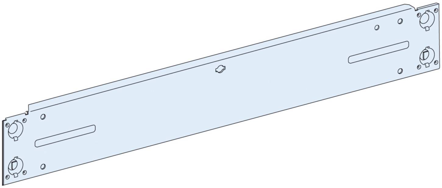 A rectangular metal component with multiple slots and holes at the corners, likely designed for attachment or mounting purposes.