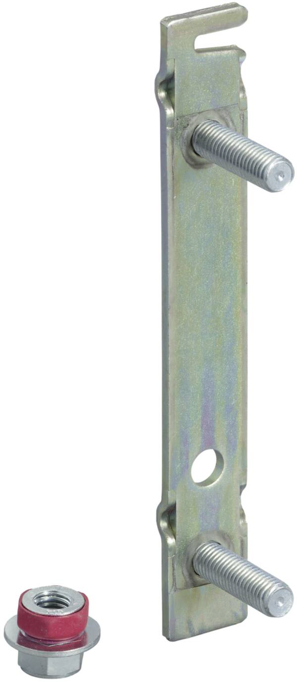 A metal bracket with two protruding screws, next to a nut with a red plastic ring, against a white background.