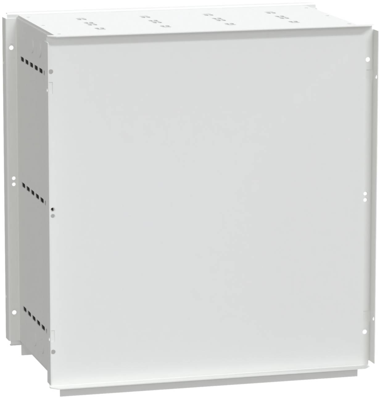 Metal enclosure with ventilation slots on the side. Simple, rectangular design, suitable for electronic applications.