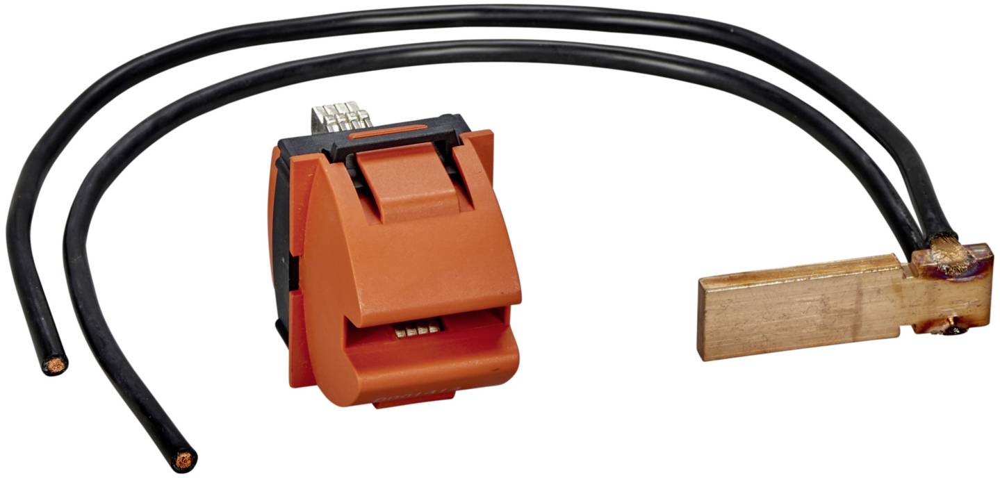An orange insulated cable connector with two black cables and a copper contact.