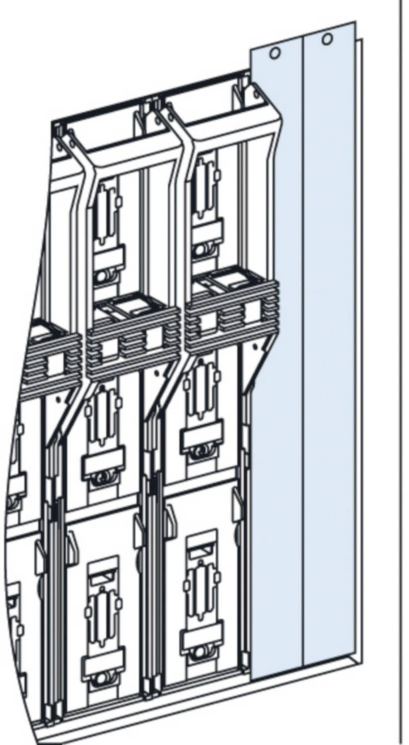 Architectural drawing of a façade system with a detailed view of the mounting brackets positioned behind a blue panel.
