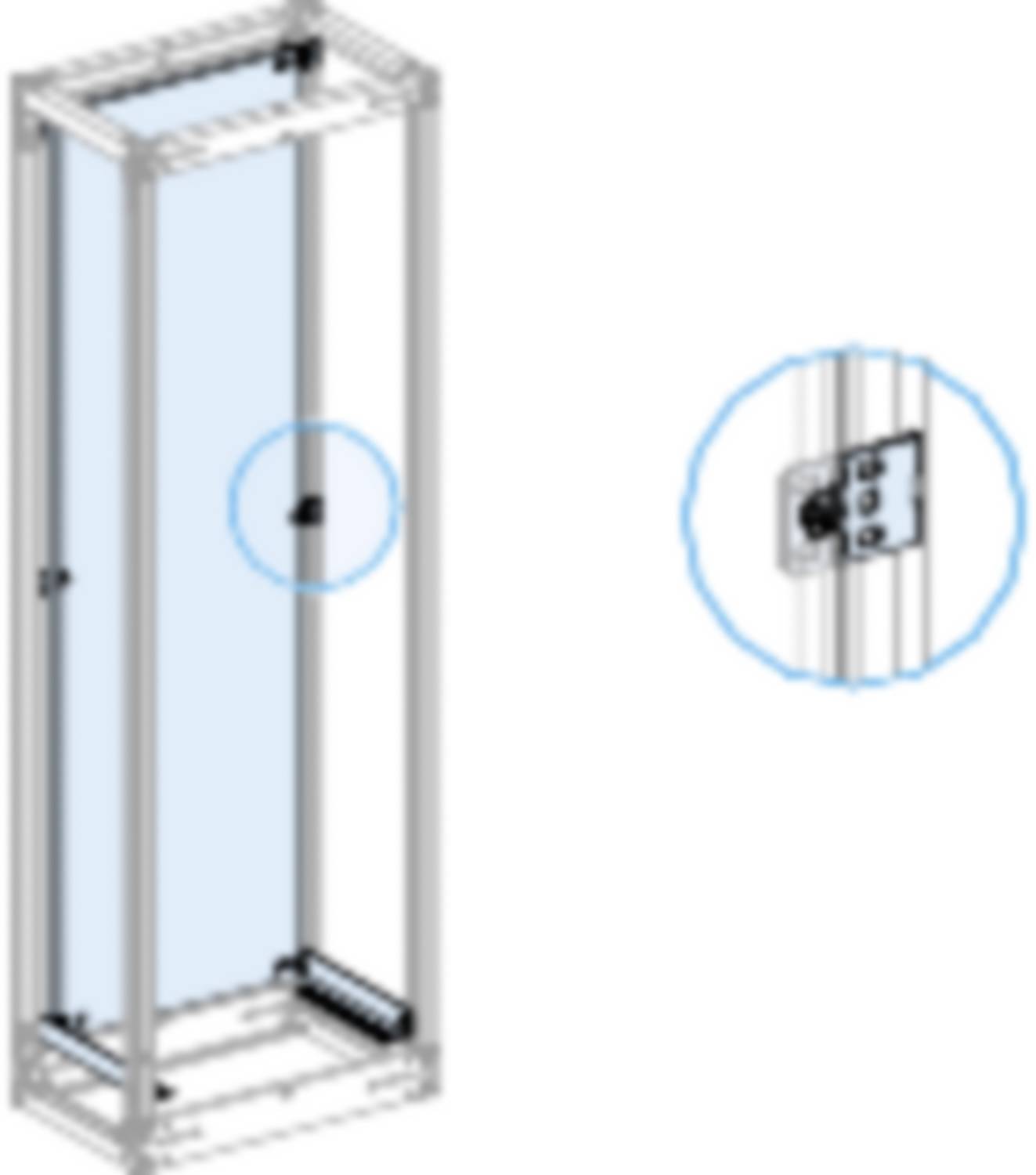 Revealing a rack with transparent doors. An enlarged area highlights a door hinge detail.