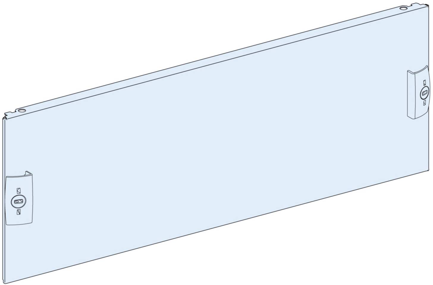 Metal plate with two locks at the ends, suitable for industrial applications or fixture securing.