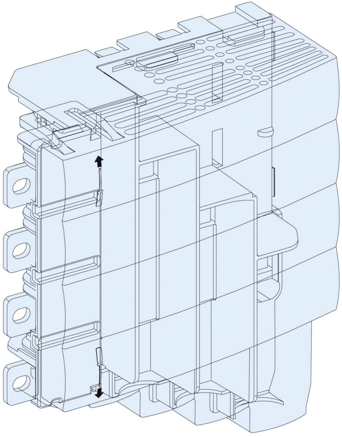Technical drawing of a plastic housing with multiple layers and mounting points on the left side.