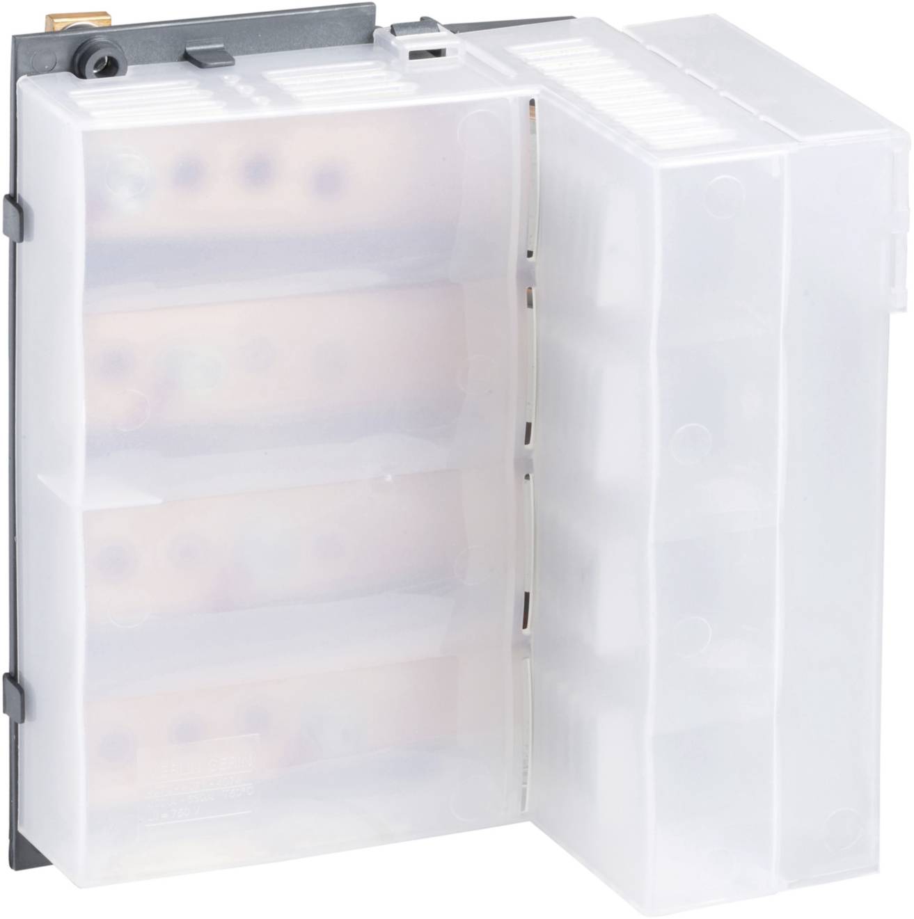 A white plastic container with three transparent compartments. It is used for storing items, with a lid to protect the contents.