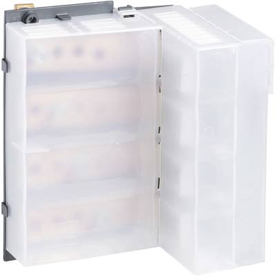 A white plastic container with three transparent compartments. It is used for storing items, with a lid to protect the contents.