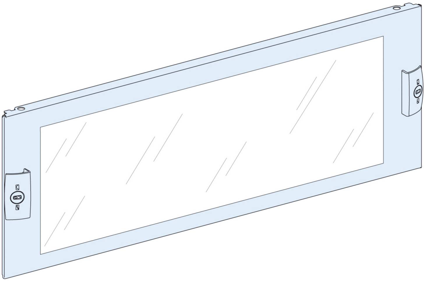 A drawn, transparent rectangle with bevelled edges and two locks on the sides, representing a window.