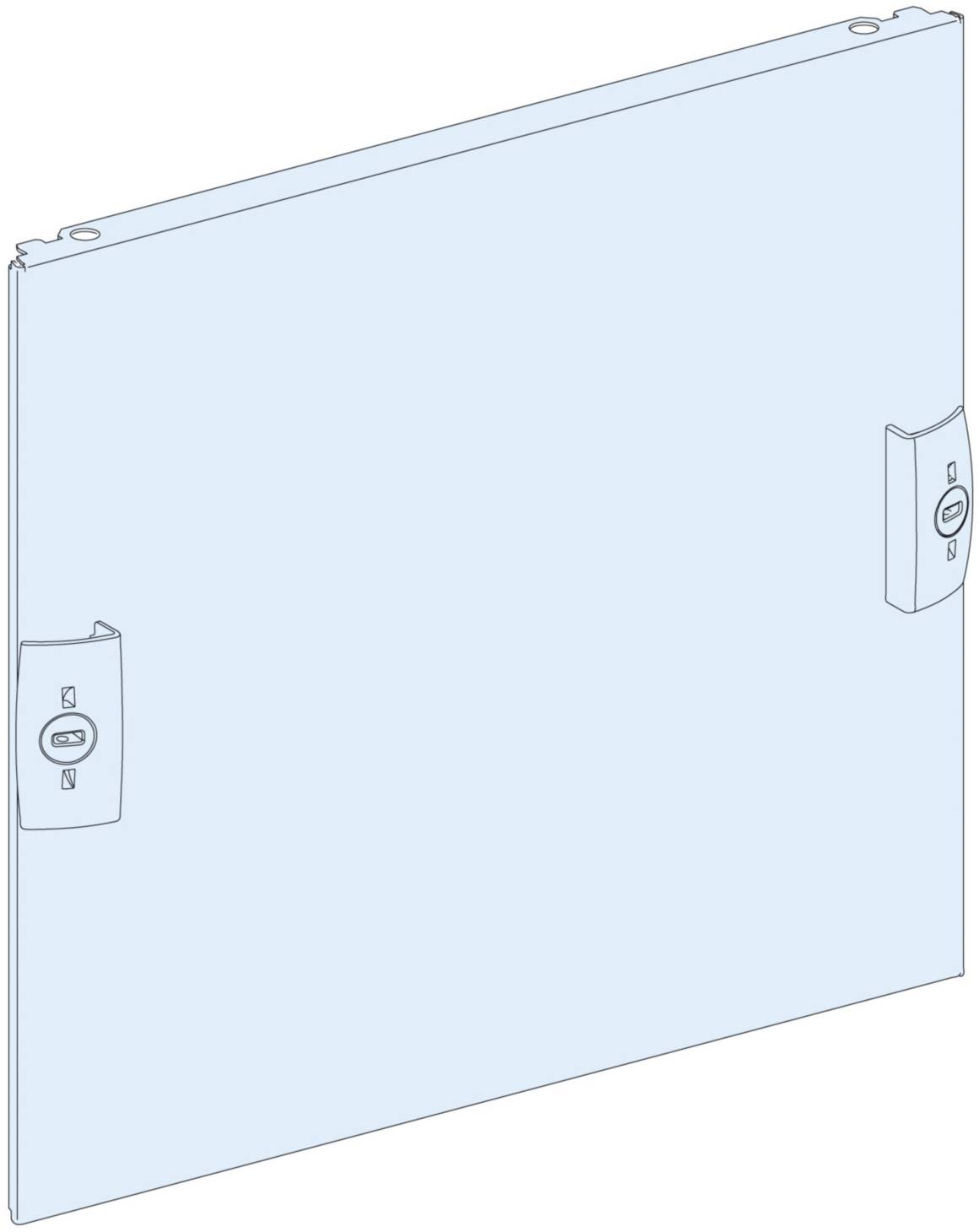 A technical illustration of a rectangular panel with two fasteners on the sides, likely for mounting or covering.