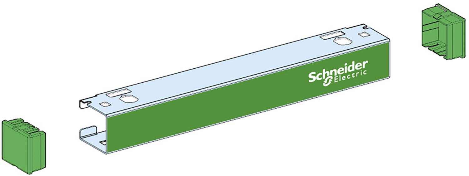 A green, rectangular component with the Schneider Electric logo, flanked by two removable end caps.
