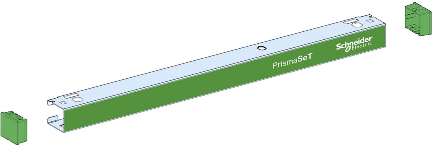 Green rail with the inscription 'PrismaSeT' by Schneider Electric and two removable green end pieces on a white background.